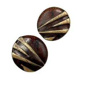 Vintage Artisan Round Resin & Metal Earrings With Abstract Design Post Back Sty